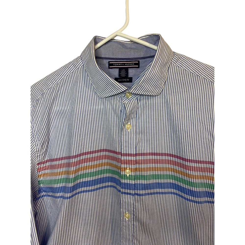 Tommy Hilfiger New York Fit Button Down‎ Long Sleeves Striped Shirt Size L Pride